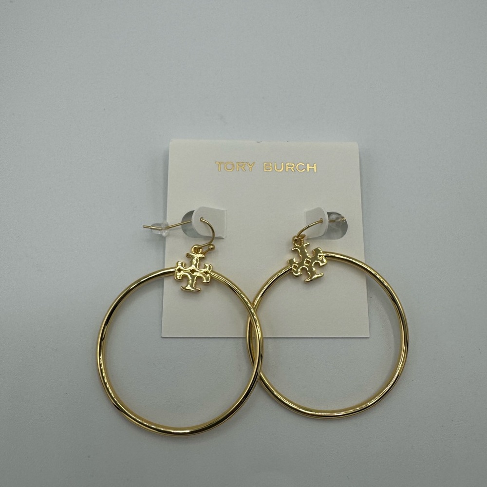 Tory Burch Shiny Gold Large Hoop Earrings with Logo Pendant
